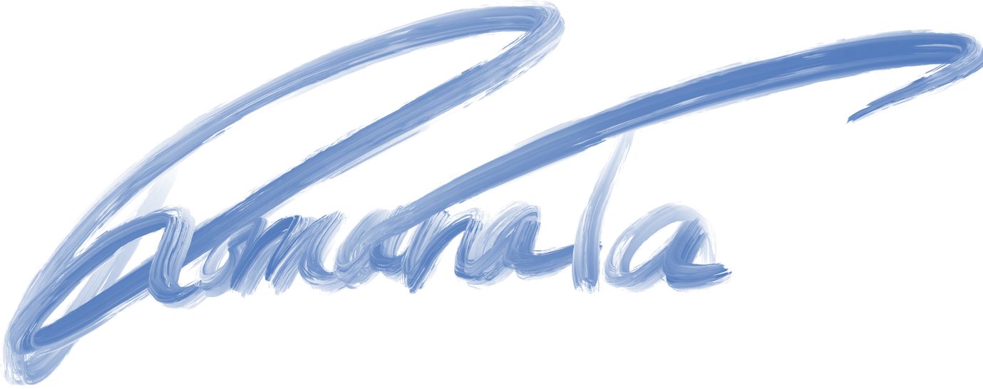 Romana Ta, her signature in a blue brush stroke